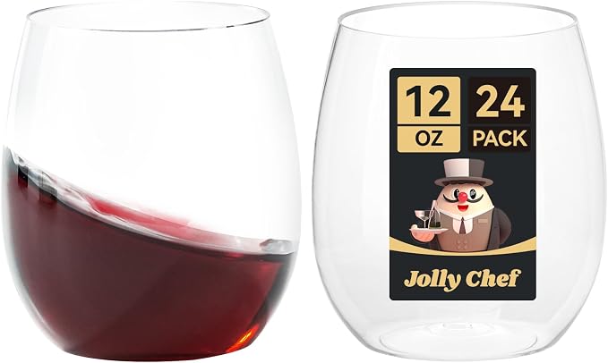 JOLLY CHEF 24 Pack 12oz Plastic Wine Glasses Stemless, Disposable Wine Cups | Shatterproof, Unbreakable, Crystal, Stemless Plastic Wine Cups for Party, Halloween, Thanksgiving, Christmas