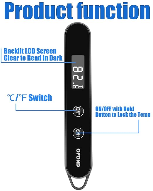 Meat Thermometer Digital,Instant Read Food Thermometer with Battery | Foldable probe,Fast Accurate Large Digital display,Magnetic and Hook Storage, Cooking Grilling Baking BBQ kitchen gadgets