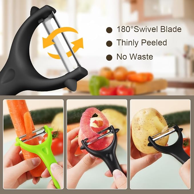 AUAUY 2Pcs Potato Peeler, Y-Shaped Swivel Vegetable Peeler, Black+Green | Fruit Peeler for Kitchen, Non-Slip Y Peeler, Ergonomic Handle Sharp Blade Stainless Steel Peeler, Veggie Peelers for Kitchen