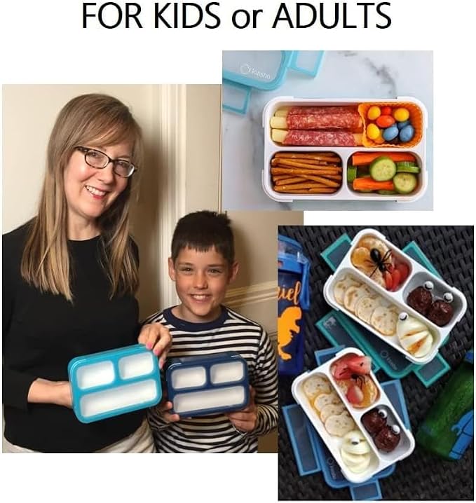 kinsho Small Snack Box Containers for Kids Toddlers, Set of 2 (Navy+Blue) | 3 Compartments, Leak-Proof, Spill Proof, BPA-Free Reusable Small Mini Bento Lunch Box for Daycare School Travel, Holds 2 Cups