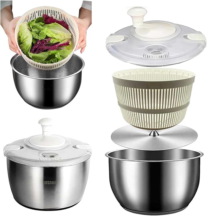 Salad Spinner Drainable Quick Spin Fruit Vegetable Dryer | 5.3 quart large capacity stainless steel multifunctional colander washer with drain outlet to clean fruits quickly