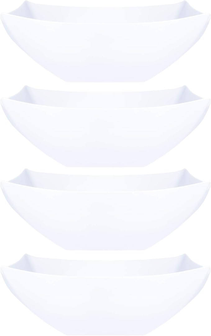 PLASTICPRO Disposable Square Serving Bowls, Party Snack or Salad Bowl, Plastic Clear or White Pack of 4 (16 OUNCE, White)