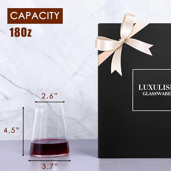 LUXULISH Stemless Wine Glasses Set of 6, Hand Blown Premium Crystal Red White Wine Glass - Modern Drinking Glasses for Women, Men, Wedding, Anniversary, Birthday - 18Oz