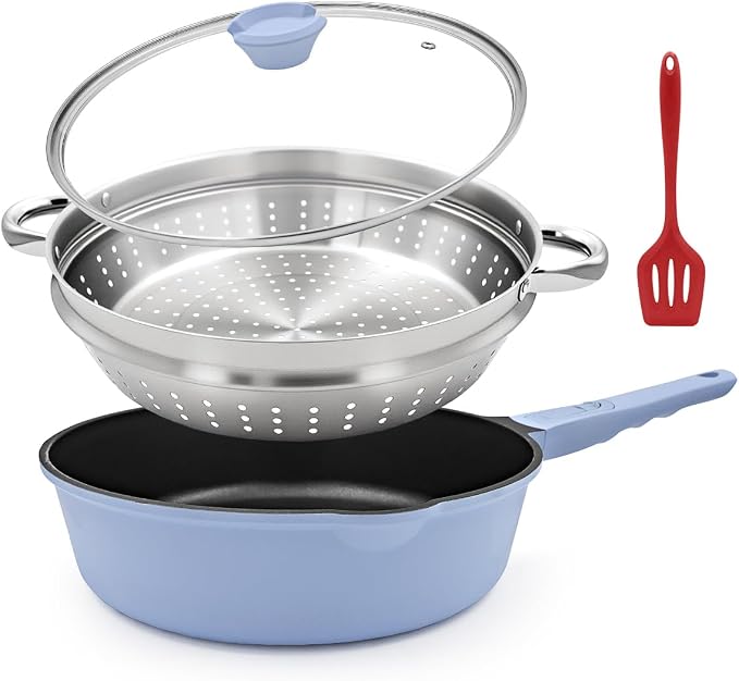 12-Inch Non Stick Deep Frying Pan Skillet with Steamer, 5 QT Saute Pan with Lid, Vegetable Steamer Cookware for Cooking, Detachable Handle,Compatible with All Stoves,Oven Safe,PFOA Free,Blue