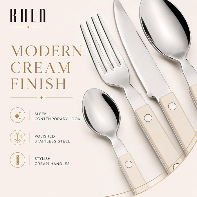 Khen Cutlery Set of 20, 18/8 Stainless Steel Flatware, Modern Silverware for Home, Kitchen, Dining & Table Setting for 4 – Stainless Steel, Dishwasher Safe, Lightweight & Ergonomic Design Gift - Cream