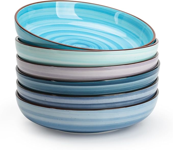 KitchenTour Large Pasta Bowls, 34 Ounce Ceramic Salad Bowl Plates, Set of 6 | Dinner Plate Bowl Set, 8.6 Inch, Wide and Shallow for Soup, Dishwasher and Microwave Safe, Ocean Swirl
