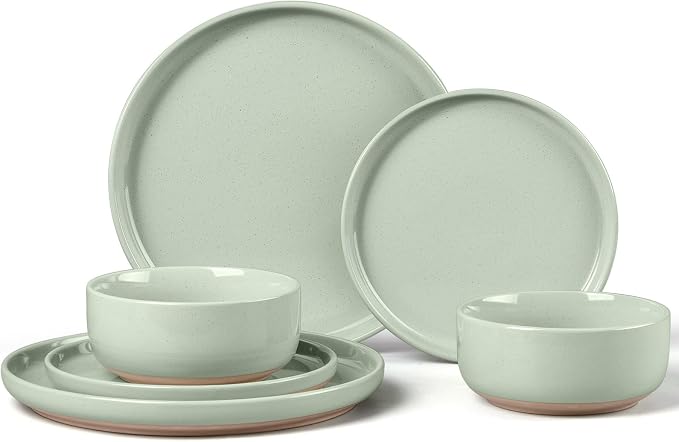 LIANYU Porcelain Dinnerware Set for 2, 6 PCS Stoneware Dinner Plates and Bowls, Ceramic Dining Dishes Set for Dessert Salad Pasta, Microwave & Dishwasher Safe, Fog Green