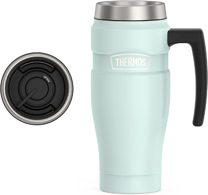 THERMOS Stainless King Travel Mug with Handle, 16oz, Matte Light Blue | Vacuum-Insulated Travel Mug with Handle for Hot & Cold Drinks, Stainless Steel Coffee Mug with Lid for Commuting