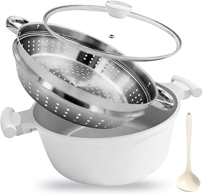 AIKENBBKK 7-Quart Steamer Pot for Cooking, Ceramic Nonstick Stock Pot with Lid, Pasta Pot for All Stoves Including Induction, Lightweight & Durable, Stay-Cool Handle, White