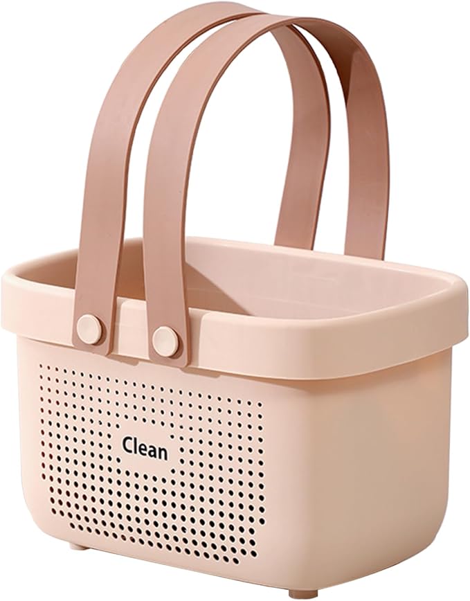 Portable Shower Caddy Basket with Handles Plastic Storage Basket Small Pink | Sturdy Drainage Large Capacity Organizer Basket with Silicone Handles for Bathroom Kitchen Bedroom College Dorm Essentials