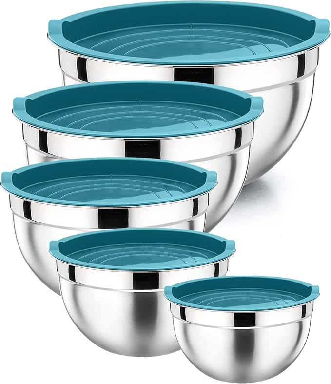P&P CHEF Metal Mixing Bowls with Lids Set, Airtight Lids & Blue | 5 PCS Stainless Steel Mixing Nesting Bowls for Kitchen Prepping, Storing, Healthy & Easy Clean, Size 4.6, 3, 1.5, 1, 0.7 QT