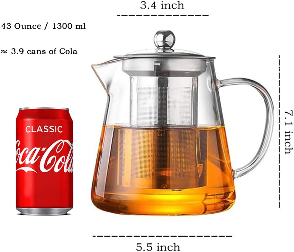TMOST Glass Teapot with Infuser Tea Pot 1300ml/43oz Tea Kettle Stovetop Safe Blooming and Loose Leaf Tea Maker Set (43oz/ 1300ml)