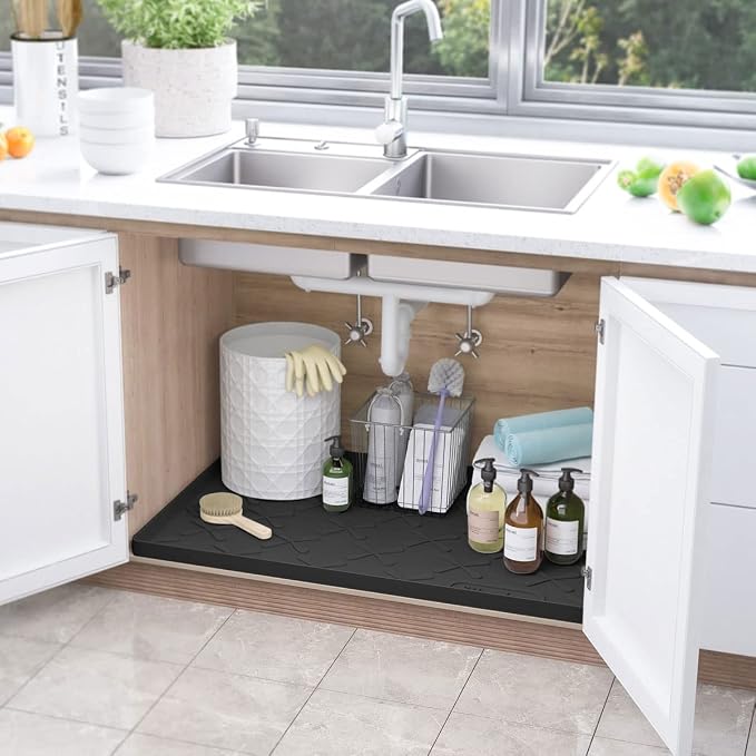 Waterproof Under Sink Mat 19" x 19" Silicone Mat Cabinet Protector | Heavy Duty Kitchen Cabinet Liner, Easy Press Drain, Home Essentials for Pet Feeding, Boots, Bathroom, Organizers & Storage