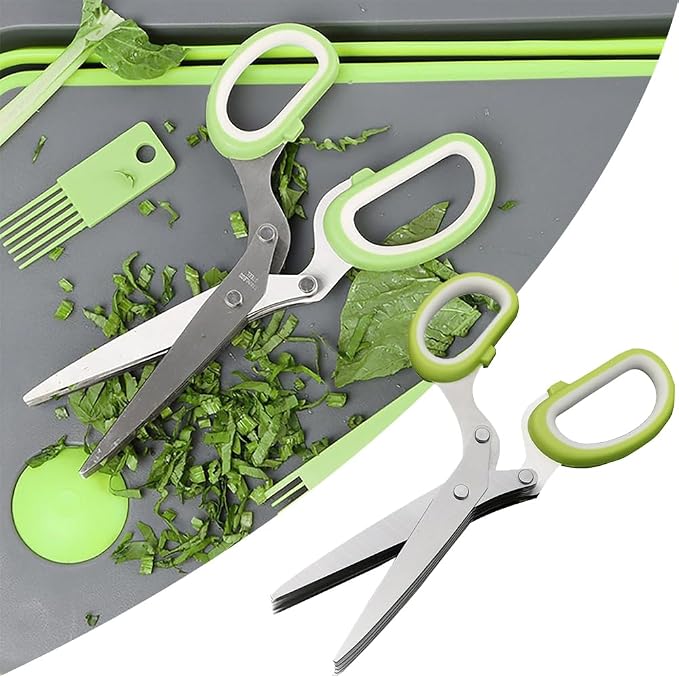 Herb Scissors Set, Stainless Steel 5 Blade Kitchen Salad Scissors with Safety Cover & Cleaning Comb, Multipurpose Herb Stripping Tool(COLOR:Green)