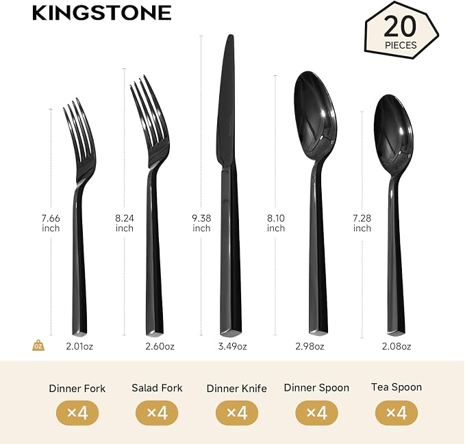 Black Silverware Set for 4, 20 Piece Flatware Set, Stainless Steel | Square Handles, Mirror Polished, Dishwasher Safe, Sturdy, for Home Kitchen, Weddings, Parties & Housewarming