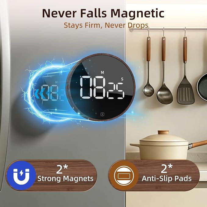 Digital Magnetic Kitchen Timer & Stopwatch with LED Display, Woodgrain | Up to 99:55 Countdown & Count Up , Easy Twist Control, Adjustable Volume & Brightness, Magnetic Back, Battery Powered