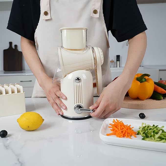 Rotary Cheese Grater with Handle, Vegetable Chopper Quick Chop Blades, Compact Design for Home and Professional Kitchens Meal Prep Tool, Kitchen Gadget 5-in-1 with Blade Storage Box (Purple)