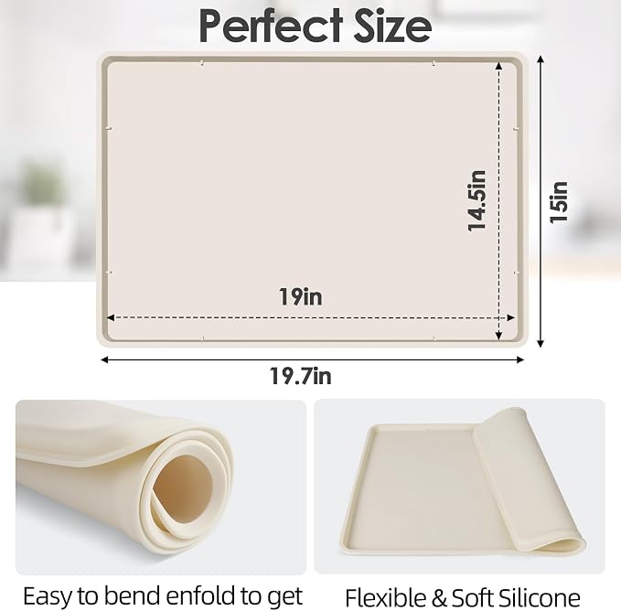 Silicone Coffee Maker Mat with Lip for Countertops, 19.7''x15'' Cream White | Multi leak-proof coffee tray for countertop, non-slip silicone tray for under coffee machine espresso accessory, wipe-clean