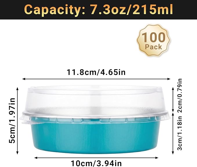 Beasea Aluminum Cupcake Pans With Lids 100 Pack, 7.3oz Disposable Baking Cups, 215ml Aluminum Foil Pie Tart Pans Tins Round Mini Oven Dish For Cake Tart Quiche Individual Dessert - Blue Green