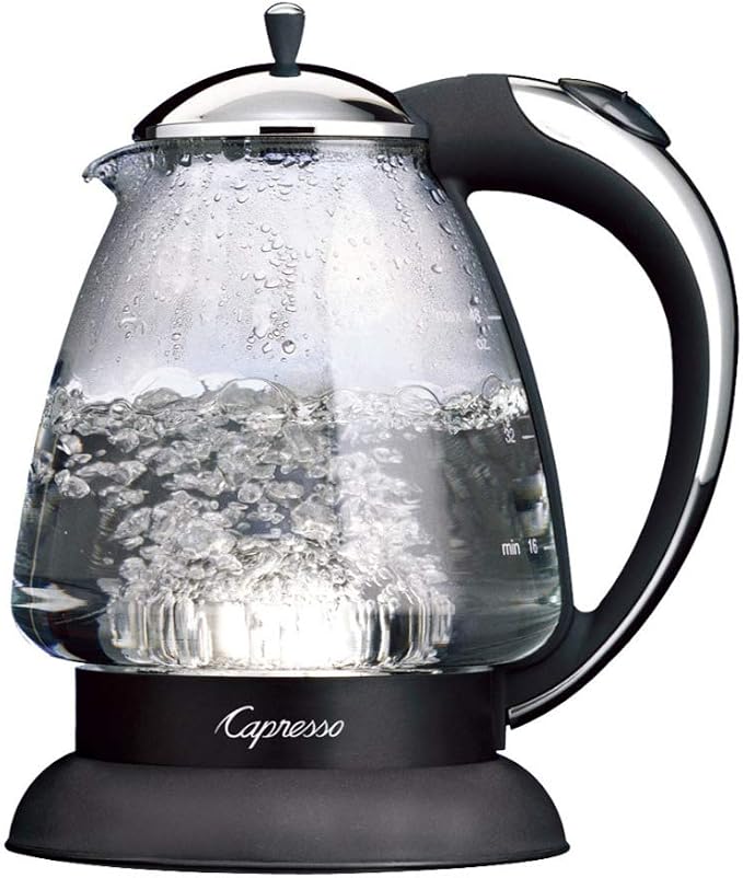 Capresso 259 Water Kettle, 10" x 8.25" x 6.25", Polished Chrome | Heat-resistant glass, ounce and cup markings, concealed element, automatic shutoff
