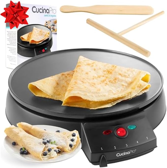 CucinaPro 12" Crepe Maker, Non-Stick Electric Griddle Pan w Batter Spreader | Dual Use Hot Plate for Breakfast Brunch, Blintzes, Eggs, Pancakes- Portable, Adjustable Temp Settings, Includes Recipe Guide