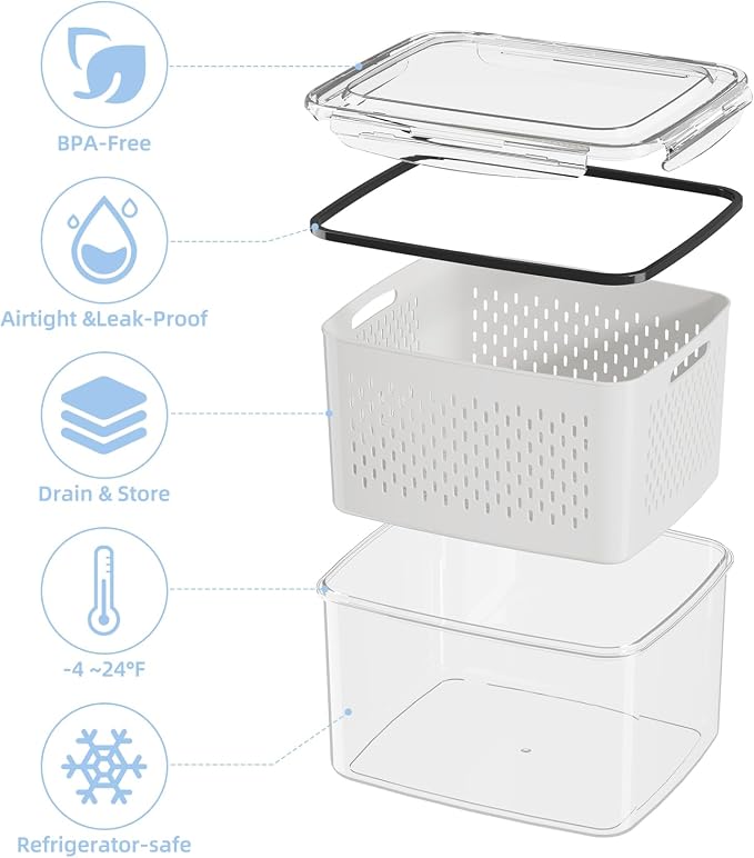 Fruit Storage Container for Fridge with Removable Colander, 6 Pack | Leakproof Produce Containers for Fridge, Airtight Food Storage Container, Keep Fruit, Veggies, Berry, Salad Fresh Longer
