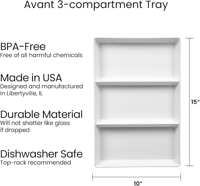 US Acrylic Avant White Plastic Divided Serving Trays (Set of 3) 15” x 10” | Large Reusable 3-Section Party Platters | Serve Appetizers, Fruit, Veggies, & Desserts | BPA-Free & Made in USA