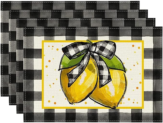 Artoid Mode Buffalo Plaid Lemon Placemats for Dining Table, 12 x 18 Inch Summer Seasonal Decoration Rustic Washable Table Mats Set of 4