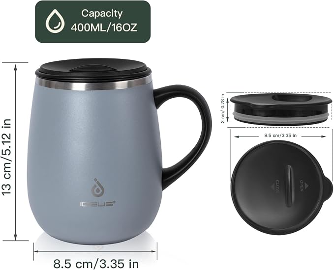 Ideus 16 oz (470 ml) Insulated Coffee Mug with Handle and Lid, Double Wall Stainless Steel Vacuum Thermal Coffee Mug, Travel Coffee Cup Thermal Cup for Home and Office (Ultimate Gray)