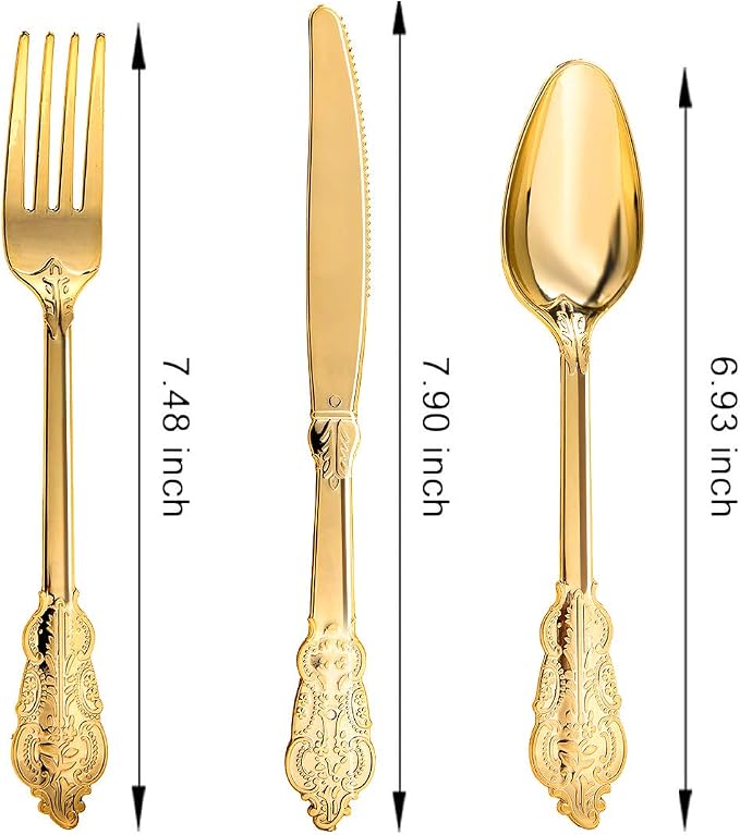 300PCS Gold Plastic Silverware, Vintage Disposable Utensils & Cutlery | 100 Fancy Forks, Spoons, Knives, Heavy Duty, BPA-Free, for Party, Weddings, Birthday & Holiday