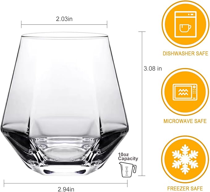 Wine Glasses Set of 4, Clear Stemless Red Wine Glasses 10oz | Geometric Diamond Shaped Glass Cups, Beautiful Wine Glasses Stemless, Whiskey, Cocktail, Bourbon, Juice, Water