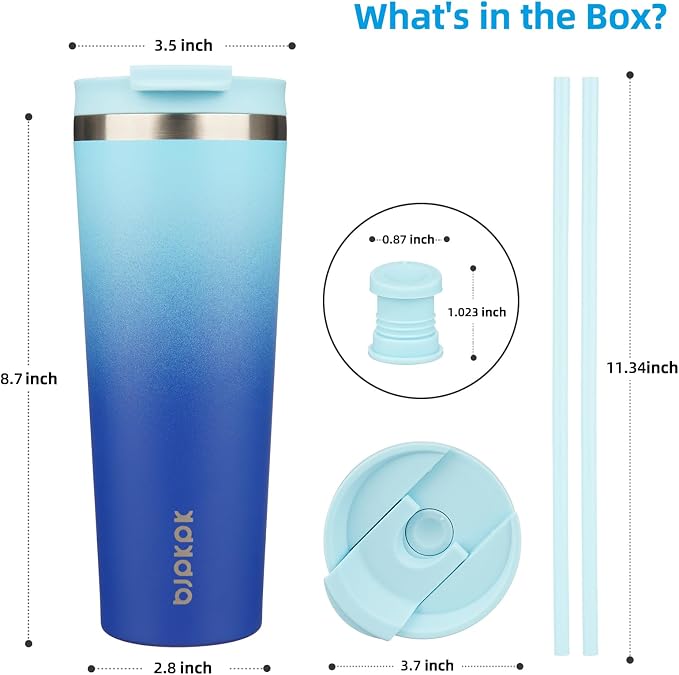 BJPKPK 26 oz Coffee Tumbler with Straw, Insulated Stainless Steel Cup | Double Wall Vacuum, Leak Proof Lid, Keeps Hot/Cold/Iced, BPA Free, Dishwasher Safe, Travel & Outdoor, Sky