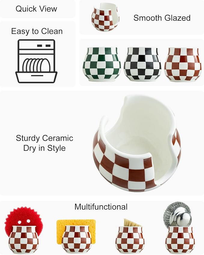 Zoeeker Sponge Holder for Kitchen Sink, Ceramic Checkered Dish Sponge Caddy | Kitchen Sink Organizer Farmhouse Scrubby Caddy Brush Holder for Bathroom, Countertop, Farmhouse Kitchen Decor, Brown & White