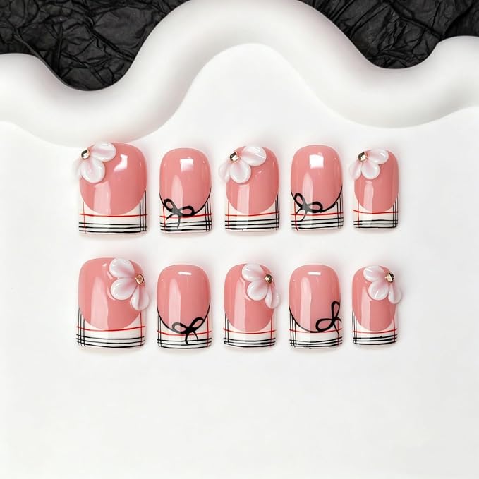 Luxury 3D Flower Short Square Press on Nails Handmade Fake Nails with Floral & Bow Art Design Stripe French Tip False Nails Muti-Layer Gel Handmade Thicked Acrylic Stick on Nail for Women (S)