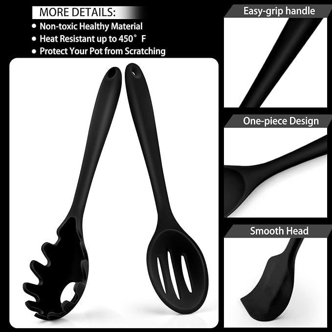 P&P CHEF Black Kitchen Utensils, Silicone Cooking Utensil Set of 7 | Soft Spatula for Nonstick Cookware, Slotted Turner, Soup Ladle, Pasta Server, Spoon for Cooking, Dishwasher Safe & Heat Proof