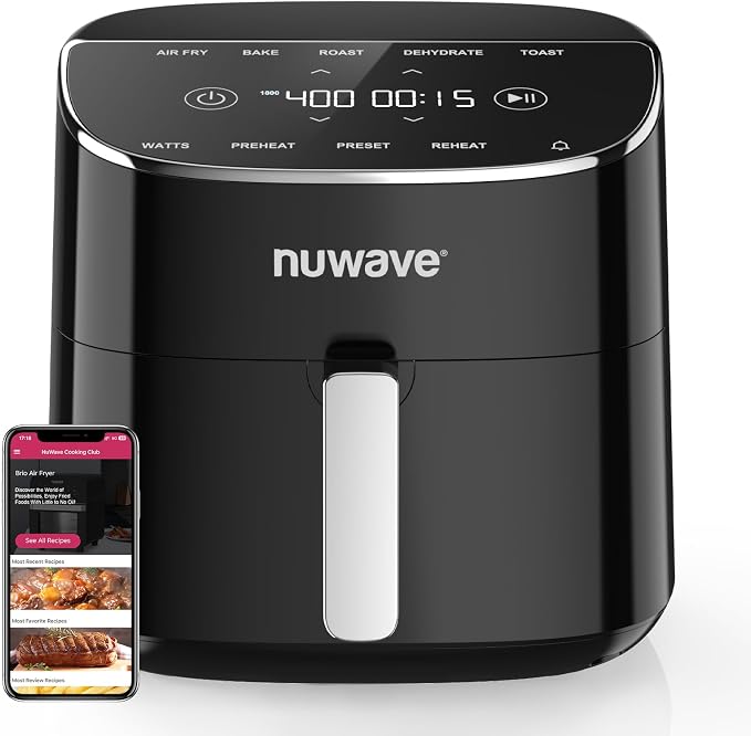 Nuwave Brio Plus Air Fryer 8 Qt, New & Improved, PFAS-Free Ceramic Coating | 7 Digital One-Touch Modes: Air Fry/Bake/Roast/Dehydrate/Toast/Reheat/Preheat; 150 Presets; 50°F-400°F; 700/1500/1800W; Black