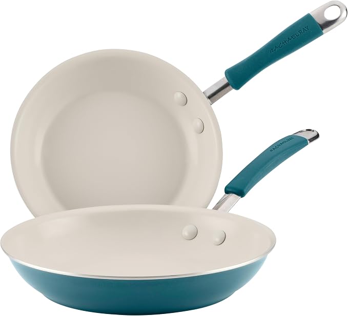 Rachael Ray Cucina Ceramic Nonstick Frying Pans/Skillet Set, Dishwasher Safe, 8.5 inch and 10 inch Open Fry Pans - Marine Blue