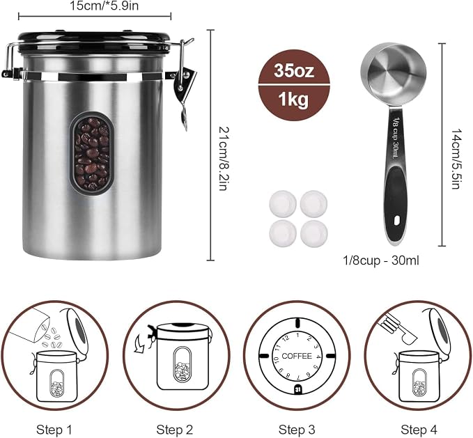 Airtight Coffee Canister with Date Tracker&Transparent Window, 35OZ Coffee Container with 30ML Measure Spoon&4 co2 Valve, Coffee Bean Storage Container for Grounds Coffee, Beans, Tea(Silver)