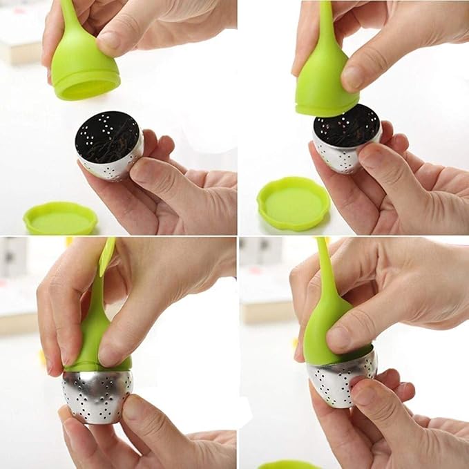 Tea Infuser Filter, Silicone Handle Loose Tea Infuser Tea Strainer, Stainless Steel Tea Ball Strainer with Leaf shaped for Tea Cups, Mugs, Teapots (Green Orange)