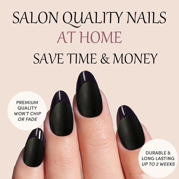 Press On Nails,Black,Short Almond,Glossy French Tips With Matte | Salon-Quality Natural Nails, 10-Minute Easy Daily Application,2+ Weeks Wear, Fast Removal, 16 Sizes, All-in-One Complete Kit