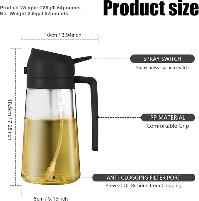 Olive Oil Sprayer for Cooking, 16oz Glass 2 in 1 Oil Dispenser Bottle | Light Blocking, BPA-Free Food Grade, Fine Mist Precise Control, Air Fryer BBQ Salad, Leakproof Anti-Clog, Pre-Printed Labels