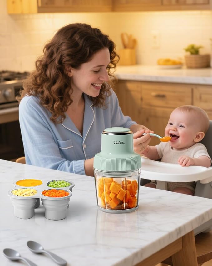HEYVALUE 20 Oz Glass Baby Food Maker with Silicone Spoons, Spatula, Green | One-Touch Blending, Baby & Pet Large Food Processor Set, Feeding Every Stage, Effortless Cleaning, Dishwasher Safe, BPA-Free