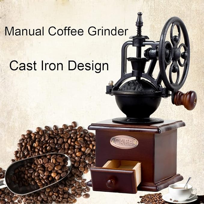Burr Coffee Grinder, Vintage Style Wooden Hand Grinder | Hand Crank, Classic French Press Coffee Mill, Coffee Bean Grinder, Includes Brush