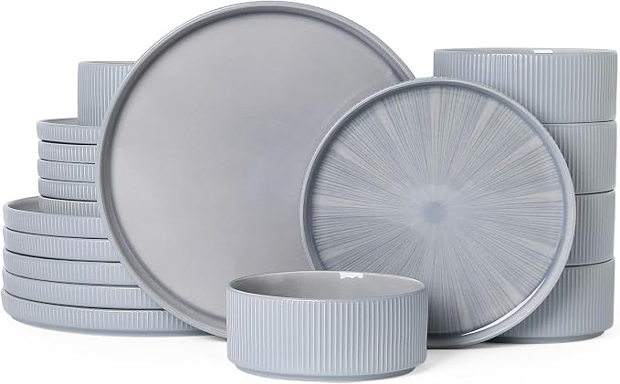 Stoneware Dinnerware Sets for 6, 18-Piece Plates and Bowls Set, Smoky Blue | Advanced Inkjet Printing Ceramic Dishes, Modern Minimalist Tableware, Scratch Resistant, Microwave and Dishwasher Safe