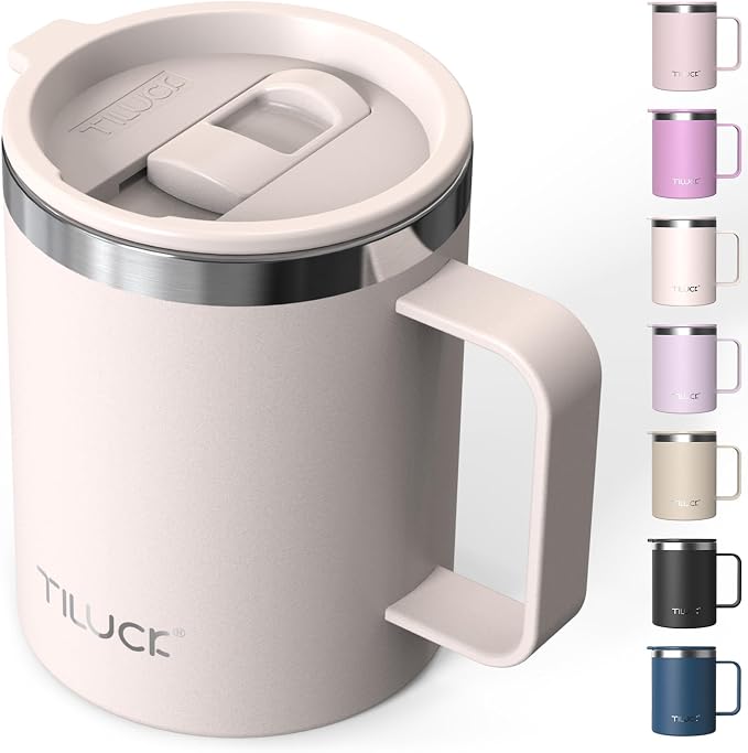 TILUCK 12 oz Insulated Coffee Mug with Lid and Handle | BPA-Free Lid, Double-Wall Vacuum Insulation, Stainless Steel Coffee Cup, Dishwasher Safe Mug for Hot & Cold Drinks,SakuraPink