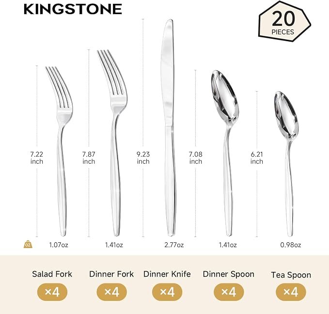 18/10 Stainless Steel Silverware Set for 4,20 Piece Flatware Set | Heavy Duty Dining Utensils & Cutlery Set, Mirror Polished Finish, Dishwasher Safe for Home Kitchen, Wedding & Housewarming