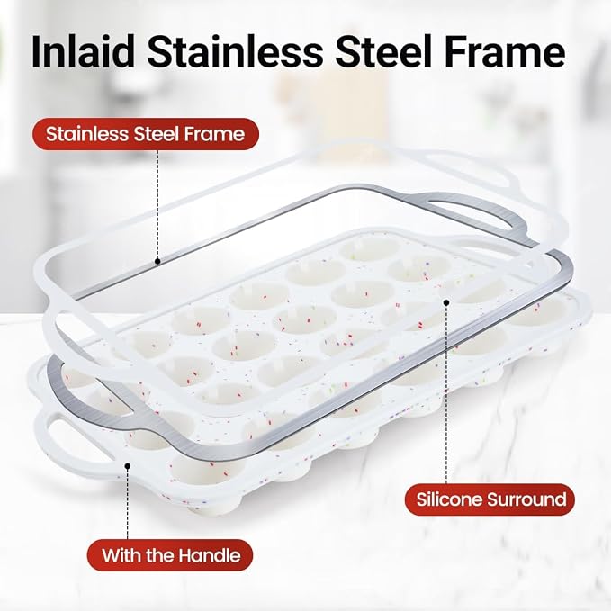 FUNBAKY Silicone Mini Muffin Pan with Metal Frame - Nonstick 24 Cups Mini Muffin Tin Handles, Oven Safe for Muffin, Cupcake, Egg Bites, Confetti