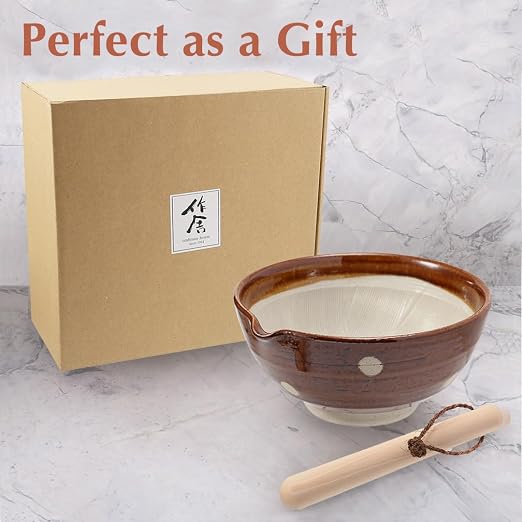 Japanese Ceramic Ripple Ridge Mortar & Pestle Suribachi Bowl and Surikogi Set with Spout 7.1 inches Made in Japan (Brown)