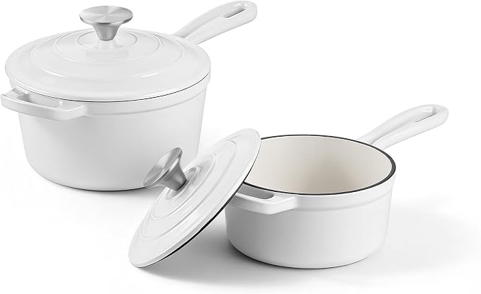 Homikit 1 QT & 2 QT Saucepan Set, Enameled Cast Iron Saucepan with Lid for All Cooktops, Small Pot Mini Dutch Oven for Kitchen Cooking, Boiling, Nonstick & Heavy Duty, White
