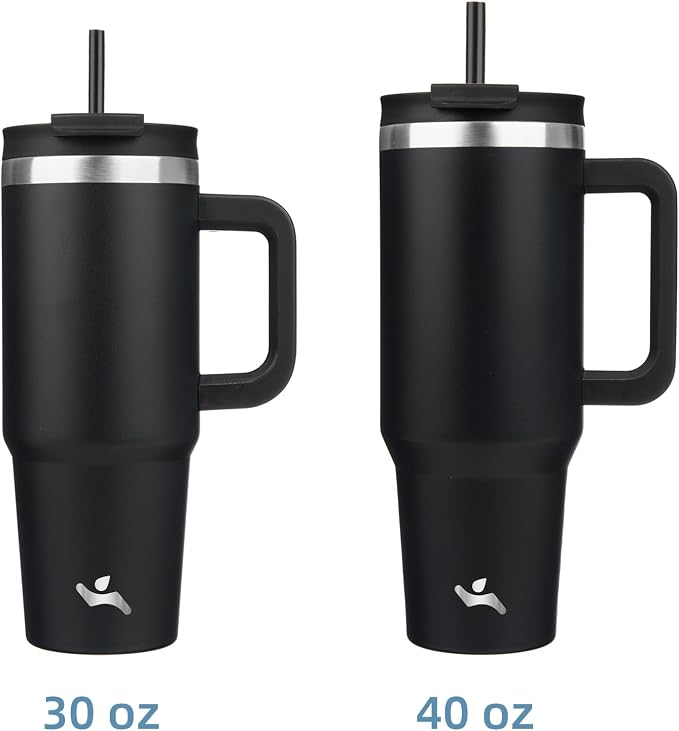 Konokyo 40 oz Insulated Tumbler Water Bottle with Handle, Straw Lid | BPA-free and dishwasher safe; made for gym, travel, coffee and gifting, 2 straws, cup holder friendly,Black